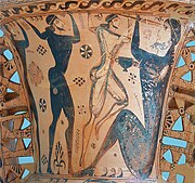 Ulysse et ses compagnons aveuglent le cyclope. Col d'une amphore funéraire attique, style noir et blanc, v. 660. MArch Éleusis.