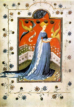 A Gothic illustration of a noble woman reading a book that she has received from a small angel
