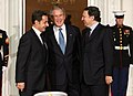 President George W. Bush offers a warm welcome to President of France Nicolas Sarkozy and European Commission President Jose Manuel Barroso.jpg