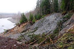 Landslide on the Queets River Road, in the winter of 2006. The road has since been rerouted.