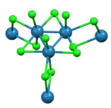 Re3Cl12 cluster within ReCl3, shown with full coordination sphere around each chloride. ReCl3 showing full coordination sphere around Cl's.png