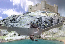 Reconstruction of Harlech Castle in the early 14th century, seen from the sea Reconstruction of Harlech Castle.jpg