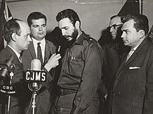 CBC/Radio-Canada's journalist and future Premier of Quebec, Rene Levesque, interviews Castro during his trip to Montreal in late April 1959. Rene Levesque Fidel Castro Montreal 1959.jpg