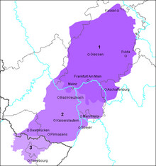 Verbreitung der Rheinfränkischen Dialekte. Pfälzische Dialekte sind mit 2 markiert.