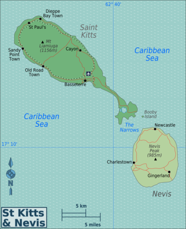Mapa ostrovů Svatého Kryštofa a Nevise