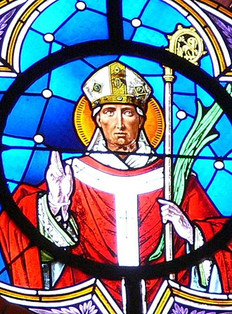 Depiction of Maximilian of Lorch on a vitrail of the parish church in Aigen, Upper Austria Saint Maximilian of Celeia (cropped).jpg