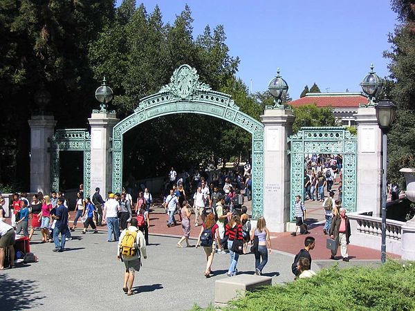 Sather Gate marks the original southern entrance to the campus, and now the entrance from Sproul Plaza