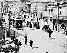 Police escorting a "scab-driven streetcar during the San Francisco Streetcar Strike of 1907. A number of streetcar strikes broke out in the United States during the early 20th century. Scab streetcar led by police - San Francisco Street Car Strike 1907.jpg