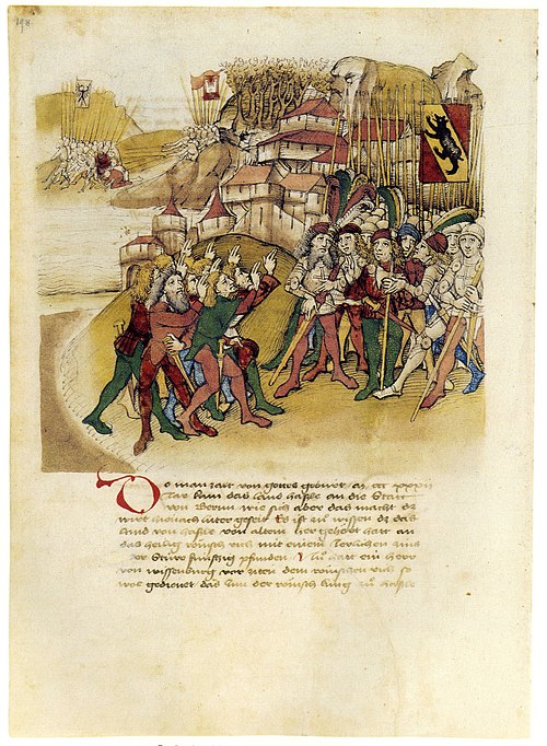 The people of Hasle swear allegiance to Bern in 1334 (depiction in the Spiezer Schilling, 1480s).