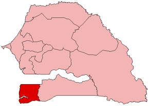 Harta regiunii Ziguinchor în cadrul Senegalului