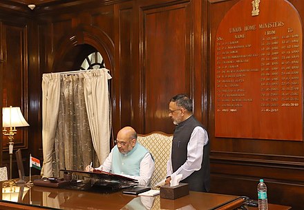 Amit Shah, Union Home Minister taking charge of office, in New Delhi on 1 June 2019. The Union Home Secretary, Rajiv Gauba is also seen.