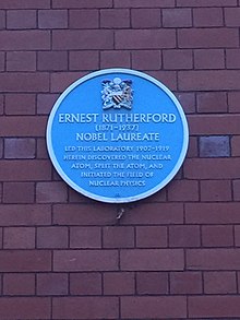 A plaque commemorating Rutherford's presence at the University of Manchester Sir Ernest Rutherford - Plaque at the University of Manchester.jpg
