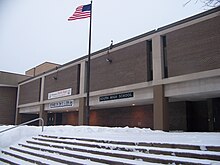 "Front" (west) doors of South High School. The true entrance is adjacent to the parking lot on the south side of the building. SouthHSfront.jpg