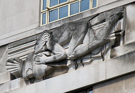 St James's Park Station sculptures – East Wind by Allan G. Wyon.jpg