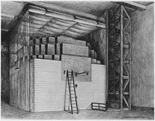 The Chicago Pile, the first artificial nuclear reactor, built in secrecy at the University of Chicago in 1942 during World War II as part of the US's Manhattan project Stagg Field reactor.jpg