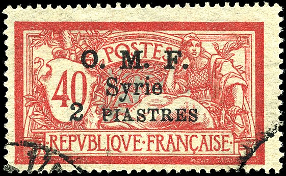 Sello postal francés cancelado tipo "Merson"[fr] sobreimpreso "OMF Syrie" y nueva denominación de 2 piastras, 1921 (Mi #195; Yt #63)