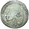 Девіз саксонського курфюрста Йоганна-Георга III «IEHOVA VEXILLUM MEUM» на пам'ятній монеті в честь смерті цього правителя, Німеччина, 1691 рік.