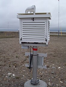 Exterior of a Stevenson screen used for temperature measurements on land stations. Stevenson screen exterior.JPG