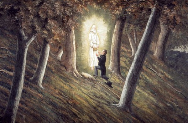 A depiction of Joseph Smith's description of receiving the golden plates from the angel Moroni.