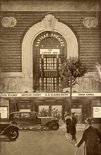 Illustration from theatre programme of 1936 based on a photo of the Saville Theatre, featuring the play The Limping Man, a 1931 play by William Matthe