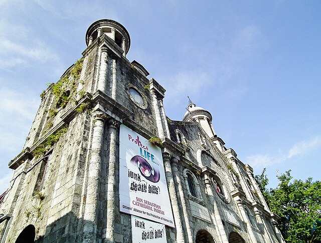 "Protect life" posters prominently displayed at the San Sebastian Cathedral