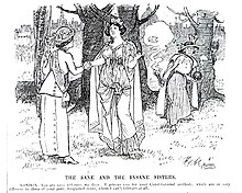A 1913 cartoon, showing "Dame London" welcoming a suffragist, while behind her a suffragette holding a bomb threatens London The Sane and Insane Sisters.jpg