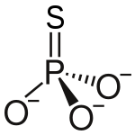 Strutkturformel och molekylmodell av monotiofosfatjon (PSO33–).