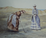 A watercolor executed in 1885 by Hodge of two ladies putting on the Old Course at St Andrews