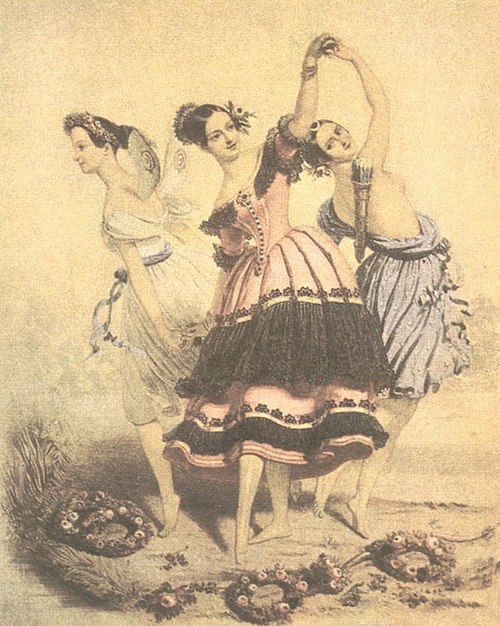 The Three Graces: embodiment of the Romantic ballet, ca. 1840. This lithograph by A. E. Chalon depicts three of the greatest ballerinas in three of th