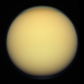 Image of a thick atmosphere that is yellow due to a dense organonitrogen haze