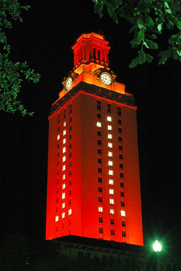 The Tower lit in a special configuration in honor of a national championship team