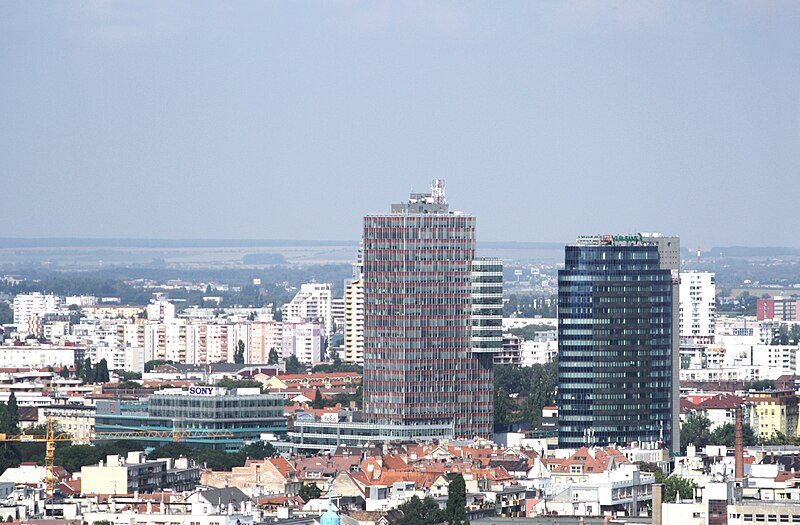 File:VÚB headquarters and City Business Center buildings, view from Nový most viewpoint in Bratislava, Bratislava I District.jpg