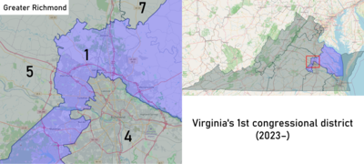 Virginia's 1st congressional district from January 3, 2023 Virginia's 1st congressional district (from 2023).png