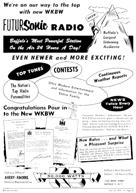 In 1958, WKBW introduced its energetic "FUTURSonic" format. WKBW radio advertisement (1958).gif