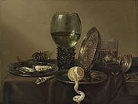 Still life with oysters, a rummer, a lemon and a silver bowl label QS:Len,"Still life with oysters, a rummer, a lemon and a silver bowl" label QS:Lpl,"Martwa natura z ostrygami, szklanicą, cytryną i srebrną miską" label QS:Lnl,"Stilleven met oesters, roemer, citroen en een zilveren pronkschaal" 1634. oil on panelmedium QS:P186,Q296955;P186,Q106857709,P518,Q861259. 43 × 57 cm (16.9 × 22.4 in). Rotterdam, Museum Boijmans Van Beuningen.