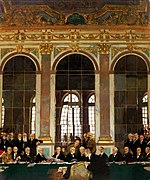 Die ondertekeningseremonie van die Verdrag van Versailles in die spieëlsaal van die Kasteel van Versailles.
