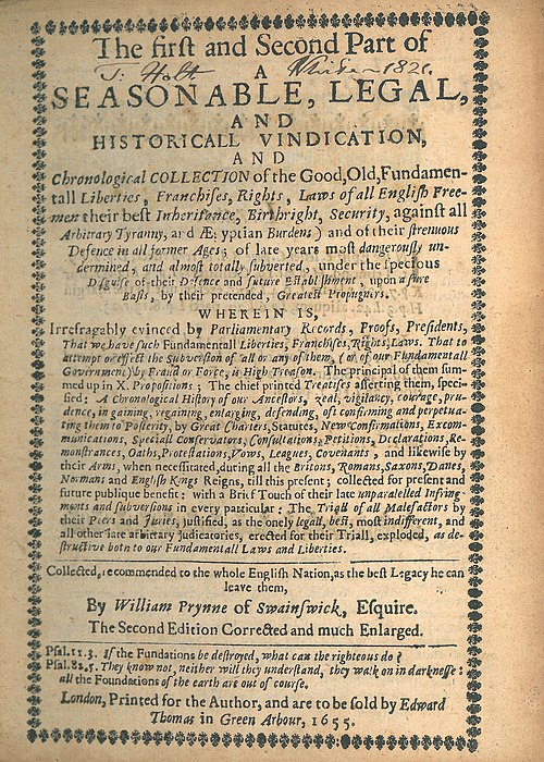 The title page of Prynne's The First and Second Part of a Seasonable, Legal, and Historicall Vindication, and Chronological Collection of the Good, Ol