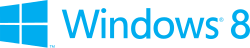 Logo: Lettering "Windows 8" (in bold, light blue, sans serif), to the left of it, also in light blue, the new Windows logo: A geometric shape was developed from the previous Windows logo, which shows the impressions of a window, the origin of the Named Windows, and tiles of the new Modern UI surface combined.