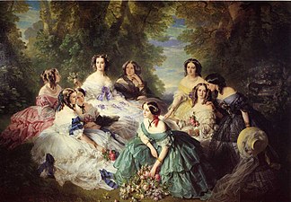 The Empress Eugenie Surrounded by her Ladies in Waiting, by Franz Xaver Winterhalter, 1855, oil on canvas, 300 x 402 cm, Château de Compiègne, Compiègne, France[8]
