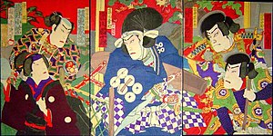 Kabuki scene depicting a samurai of the Sanada carrying a cannon