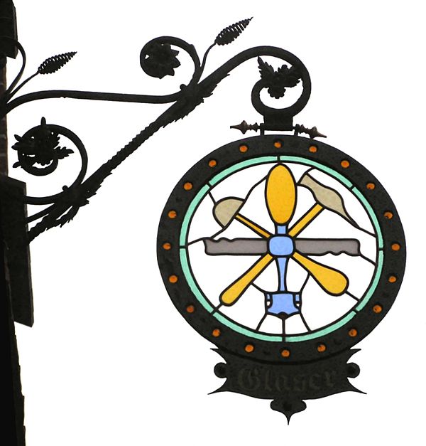 Traditional hand-forged guild sign of a glazier — in Germany. These signs can be found in many old European towns where guild members marked their pla