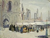 “Cloth Hall, Ypres – Market Day,” a painting by Mary Riter Hamilton, 1920 « Les Halles aux Draps d’Ypres par un jour de marché »; tableau peint par Mary Riter Hamilton en 1920 (16591440469)