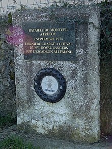 Memorial to the action by the 9th Lancers at Montcel a Fretoy 0802 16 0906 9th Royal Lancers FRETOY 02.JPG