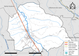 Carte en couleur présentant le réseau hydrographique de la commune