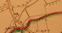 An 1842 OSI map of Kilkenny (sheet 29) showing "Johnville Bridge" and "Power[stown River]" with Johnville House centre left 1842 Ordanance Survey Ireland of Johnville.jpg