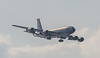 A KC-135R Stratotanker, tail number 57-1439, on final approach at Kadena Air Base in Okinawa, Japan in March 2020. It is assigned to the 22nd Air Refueling Wing and the 931st Air Refueling Wing at McConnell Air Force Base in Wichita, Kansas.