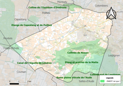 Carte des ZNIEFF de type 1 sur la commune.