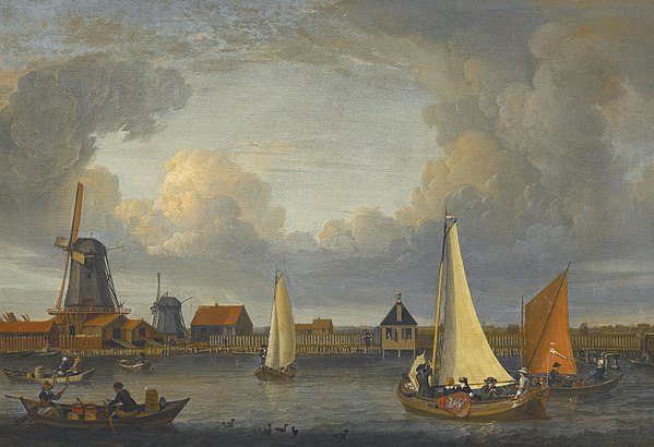 A river landscape with fishermen in rowing boats, windmills beyond, 1679