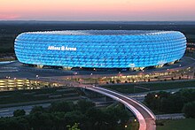 The Allianz Arena is home to the football club Bayern Munich and was a venue for the 2006 FIFA World Cup. AllianzArenaSunset.jpg