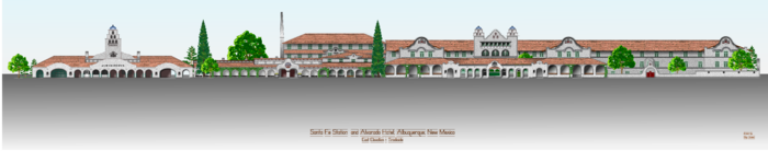 Albuquerque's Alvarado Hotel (Fred Harvey Hotel), Native American Building, Laundry Building, Santa Fe Train Station and Shop Area. This Campus was built in 1902 and was torn down in 1970. This drawing captures its Mission Revival Style appearance in east elevation (The raised train track platform stood in front of this view, with a garden between the platform and the buildings, and is not shown here as it would hide the lower arcade). Alvarado Hotel and Campus 1902 1969 1970.png